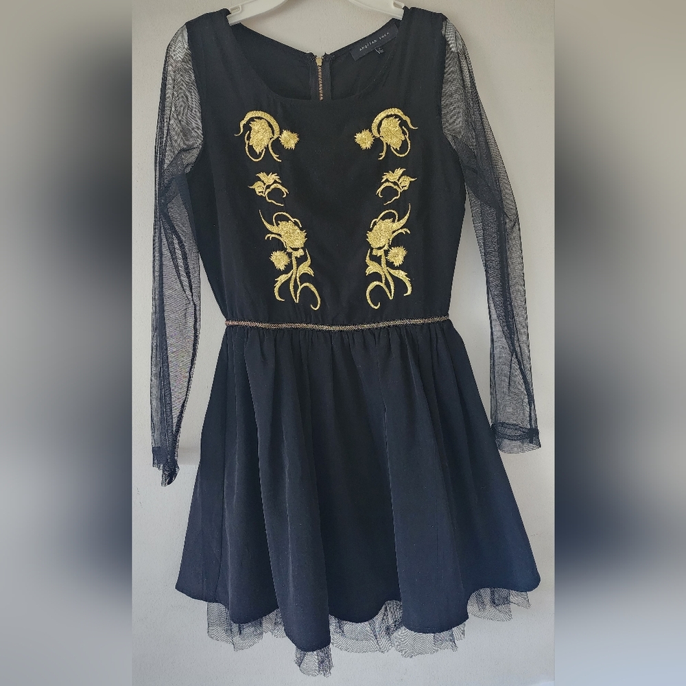 English Rose Long Sleeve Mesh Embroidered Gold Floral Zipper Dress Size Small